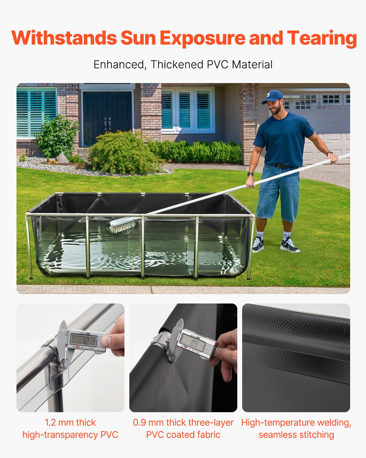 VEVOR Estanque de Lona Sobre Suelo 1781,3 L de PVC con Panel de Visualización Transparente Tanque Rectangular 200x140x60 cm para Peces Dorados con Marco de Acero Inoxidable Válvula de Drenaje, Negro