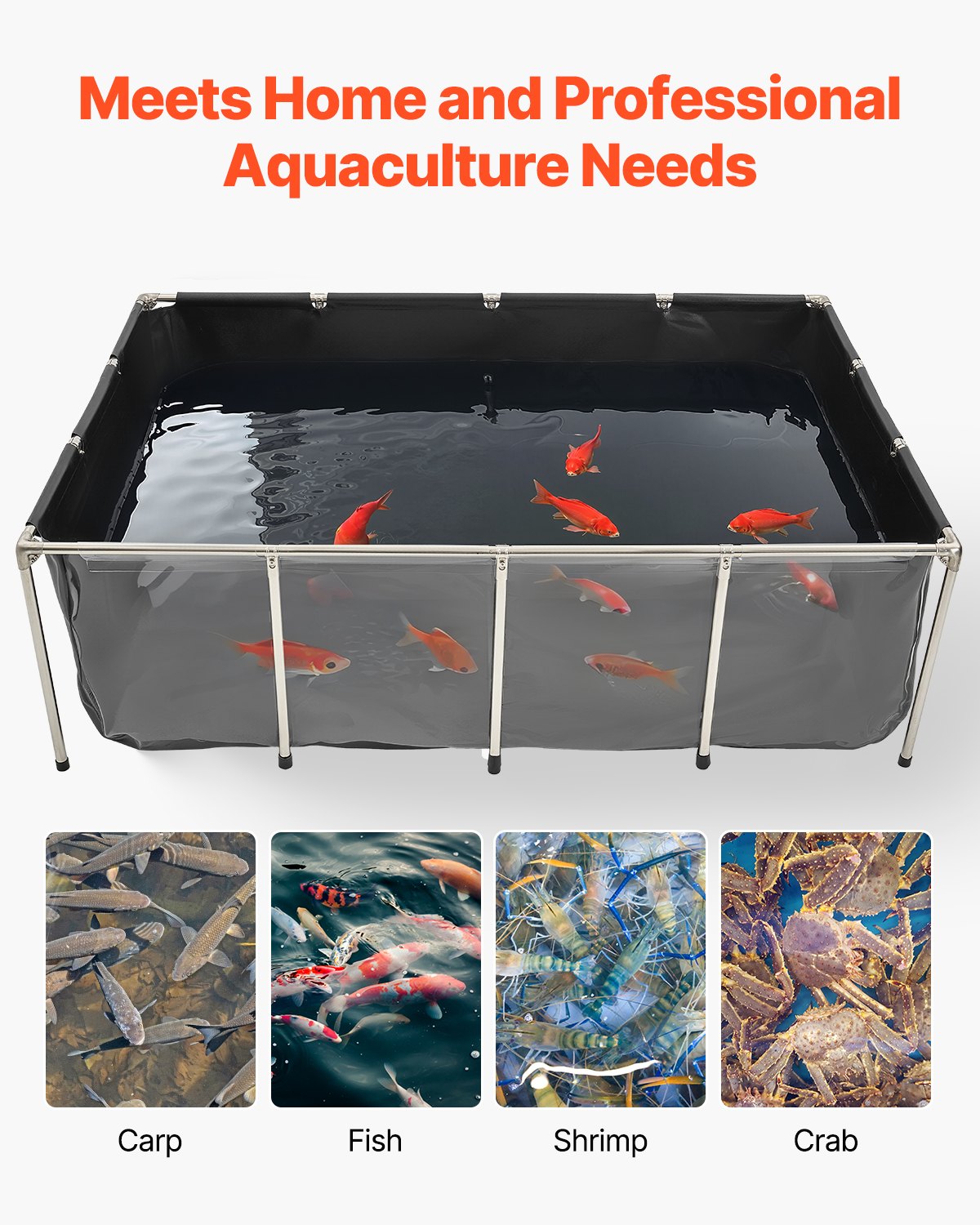 VEVOR Estanque de Lona Sobre Suelo 1781,3 L de PVC con Panel de Visualización Transparente Tanque Rectangular 200x140x60 cm para Peces Dorados con Marco de Acero Inoxidable Válvula de Drenaje, Negro