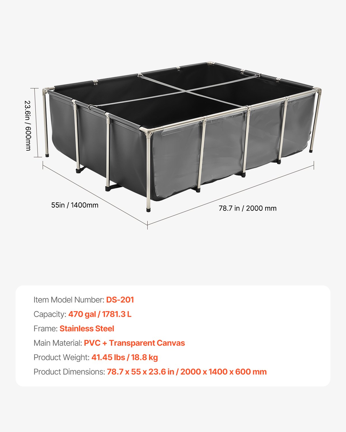 VEVOR Estanque de Lona Sobre Suelo 1781,3 L de PVC con Panel de Visualización Transparente Tanque Rectangular 200x140x60 cm para Peces Dorados con Marco de Acero Inoxidable Válvula de Drenaje, Negro
