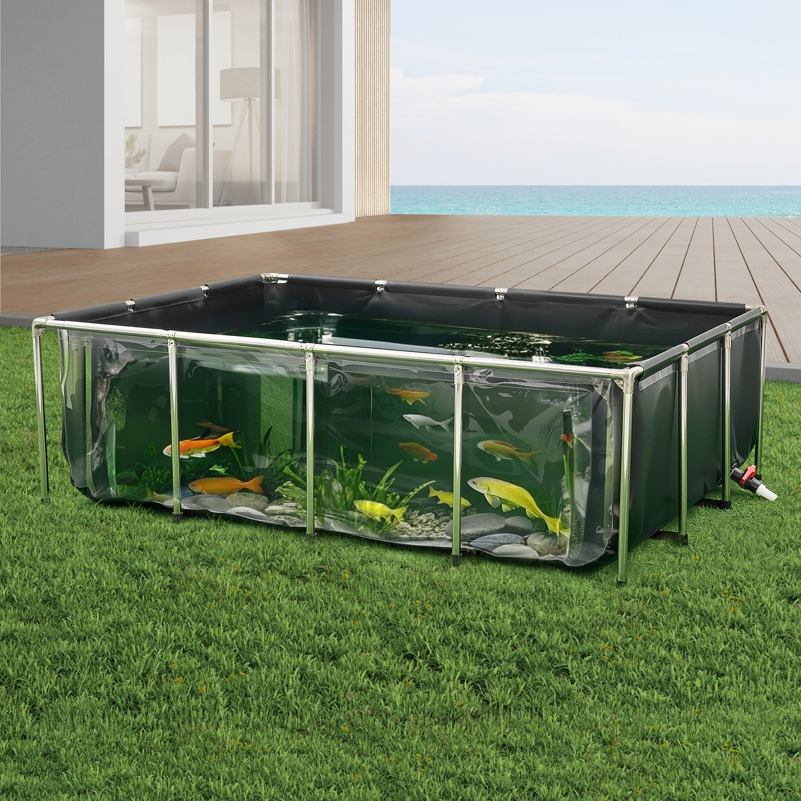 VEVOR Estanque de Lona Sobre Suelo 1781,3 L de PVC con Panel de Visualización Transparente Tanque Rectangular 200x140x60 cm para Peces Dorados con Marco de Acero Inoxidable Válvula de Drenaje, Negro
