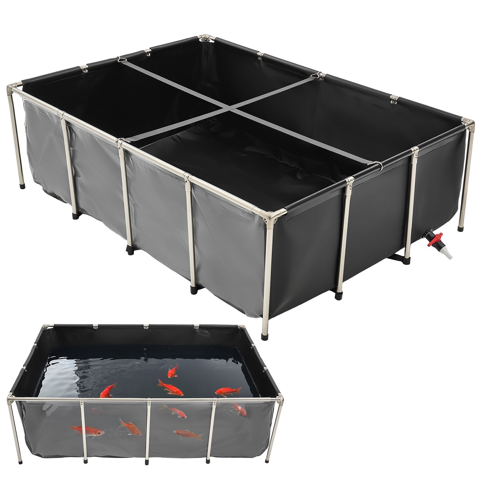 VEVOR Estanque de Lona Sobre Suelo 1781,3 L de PVC con Panel de Visualización Transparente Tanque Rectangular 200x140x60 cm para Peces Dorados con Marco de Acero Inoxidable Válvula de Drenaje, Negro