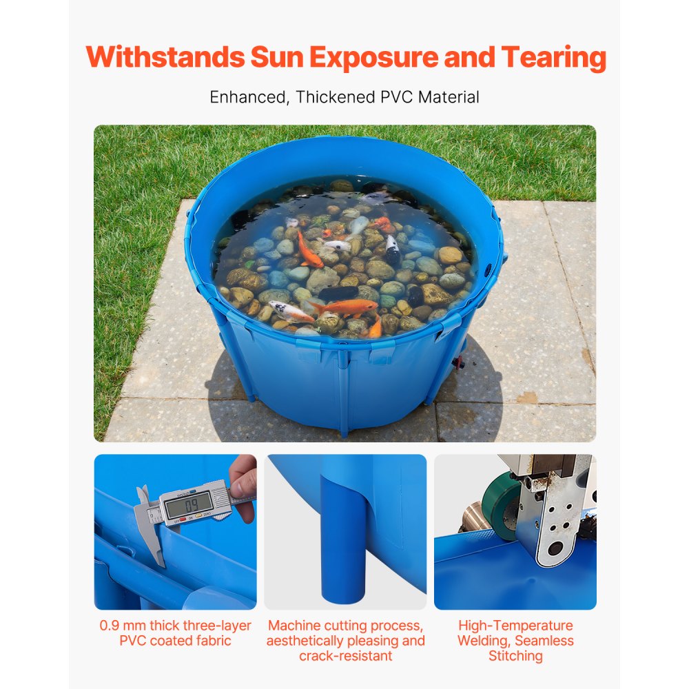 VEVOR PVC fish pond, 1700L capacity fish tank, foldable koi aquarium, round fish tank with sturdy frame and drain valve, for breeding koi and goldfish (blue)