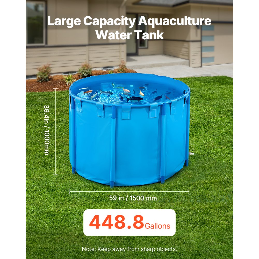 VEVOR Estanque de Lona Sobre Suelo 1700 L Tanque de PVC Sobre el Suelo 150 x 150 x 100 cm para Peces Dorados con Estructura Estable de Plástico y Válvula de Drenaje para Acuicultura, Riego, Azul