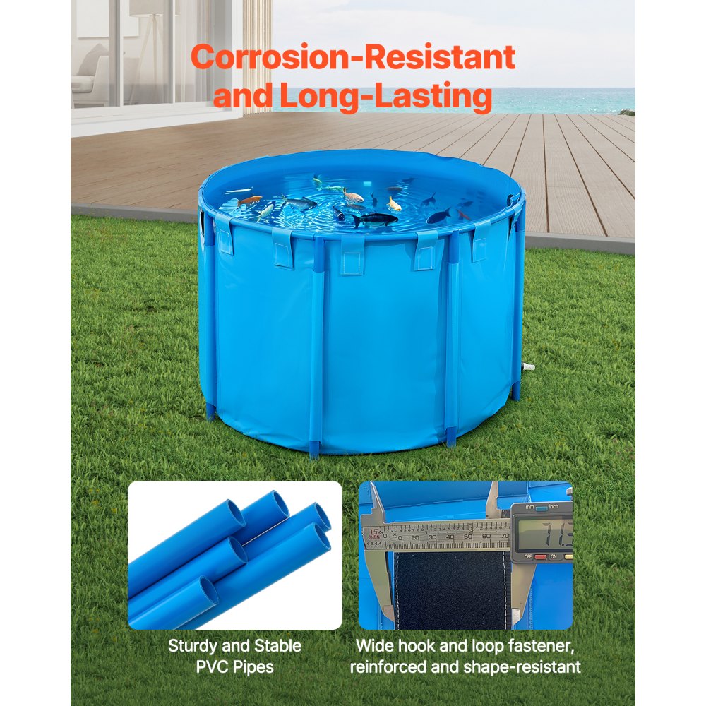 VEVOR Estanque de Lona Sobre Suelo 1700 L Tanque de PVC Sobre el Suelo 150 x 150 x 100 cm para Peces Dorados con Estructura Estable de Plástico y Válvula de Drenaje para Acuicultura, Riego, Azul
