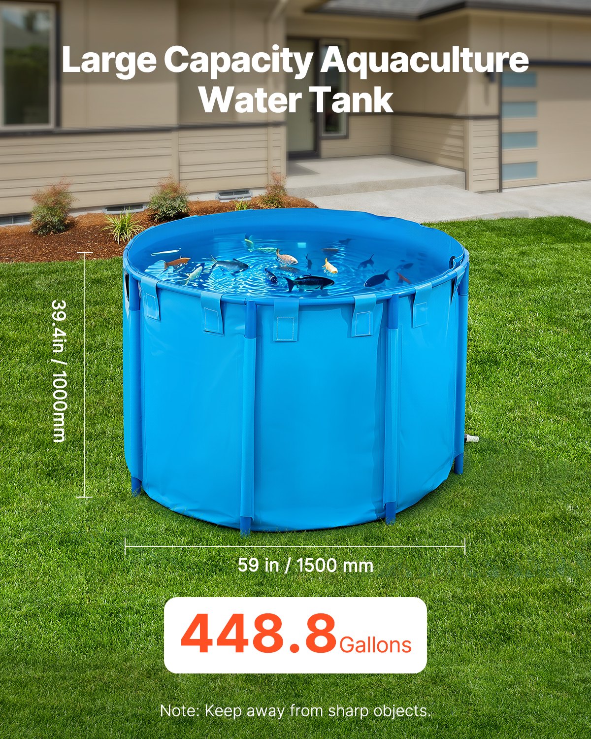 VEVOR Estanque de Lona Sobre Suelo 1700 L Tanque de PVC Sobre el Suelo 150 x 150 x 100 cm para Peces Dorados con Estructura Estable de Plástico y Válvula de Drenaje para Acuicultura, Riego, Azul