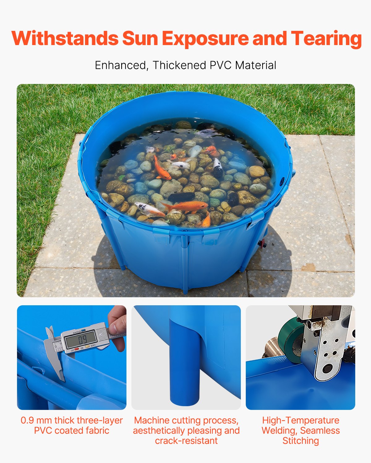 VEVOR Estanque de Lona Sobre Suelo 1700 L Tanque de PVC Sobre el Suelo 150 x 150 x 100 cm para Peces Dorados con Estructura Estable de Plástico y Válvula de Drenaje para Acuicultura, Riego, Azul