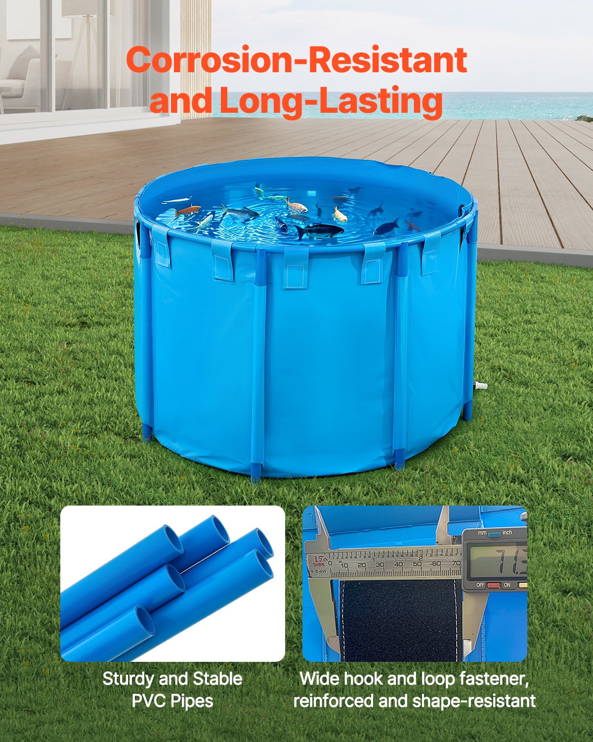 VEVOR Estanque de Lona Sobre Suelo 1700 L Tanque de PVC Sobre el Suelo 150 x 150 x 100 cm para Peces Dorados con Estructura Estable de Plástico y Válvula de Drenaje para Acuicultura, Riego, Azul