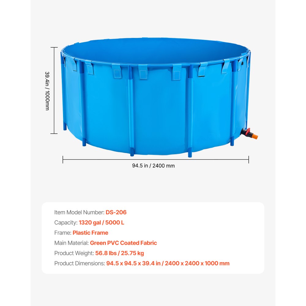 VEVOR Estanque de Lona Sobre Suelo 5000 L Tanque de PVC Sobre el Suelo 240 x 240 x 100 cm para Peces Dorados con Estructura Estable de Plástico y Válvula de Drenaje para Acuicultura, Riego, Azul