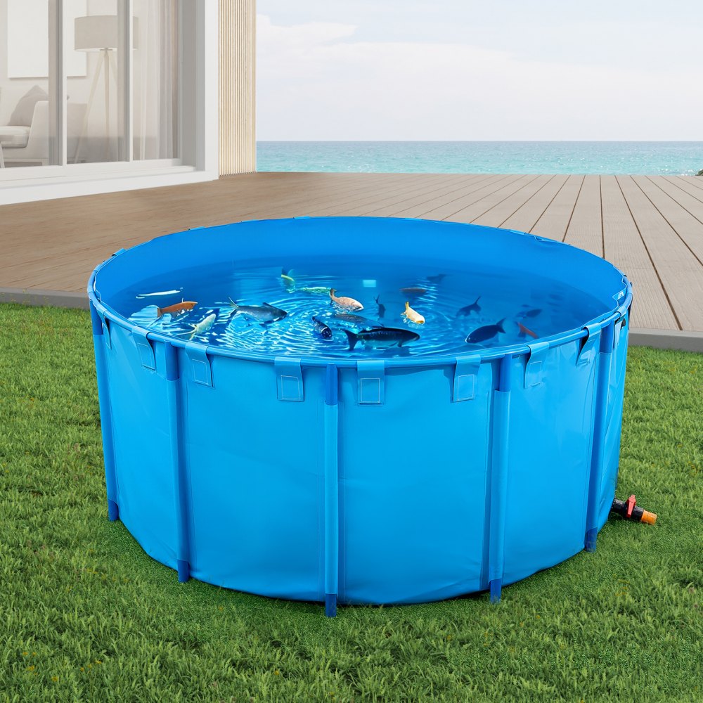 VEVOR Estanque de Lona Sobre Suelo 5000 L Tanque de PVC Sobre el Suelo 240 x 240 x 100 cm para Peces Dorados con Estructura Estable de Plástico y Válvula de Drenaje para Acuicultura, Riego, Azul