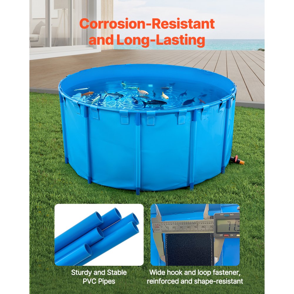 VEVOR Estanque de Lona Sobre Suelo 4550 L Tanque de PVC Sobre el Suelo 240 x 240 x 100 cm para Peces Dorados con Estructura Estable de Plástico y Válvula de Drenaje para Acuicultura, Riego, Azul