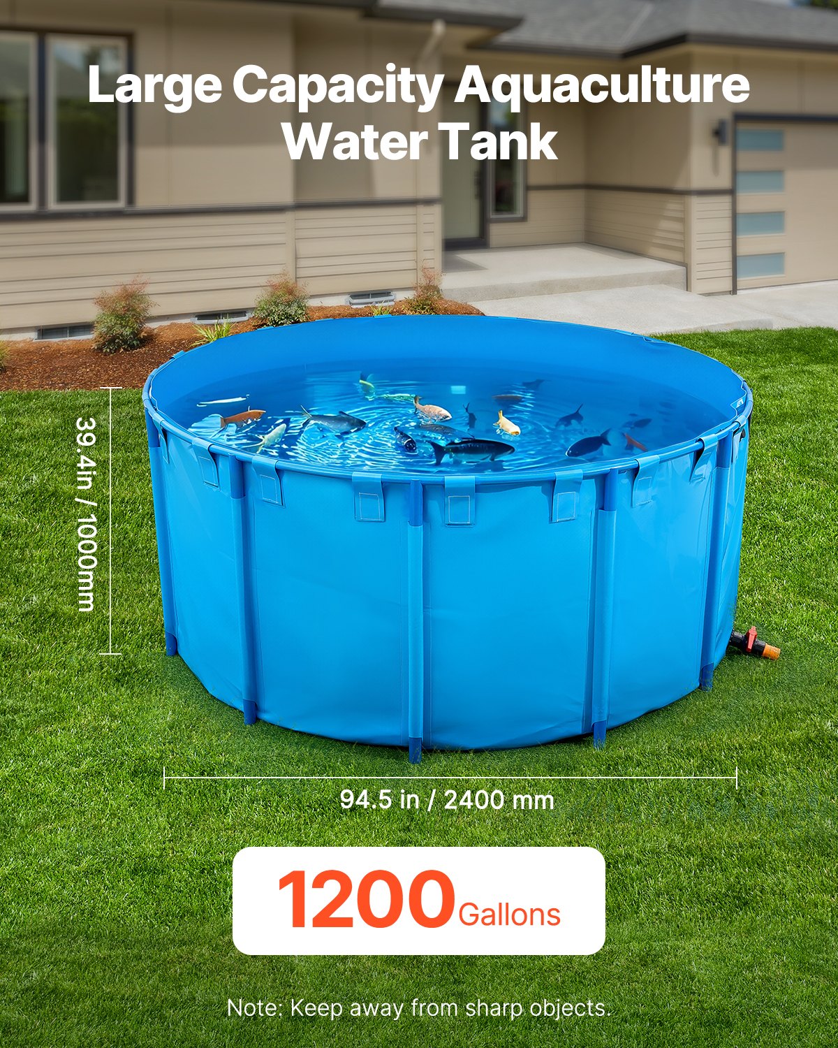VEVOR Estanque de Lona Sobre Suelo 4550 L Tanque de PVC Sobre el Suelo 240 x 240 x 100 cm para Peces Dorados con Estructura Estable de Plástico y Válvula de Drenaje para Acuicultura, Riego, Azul
