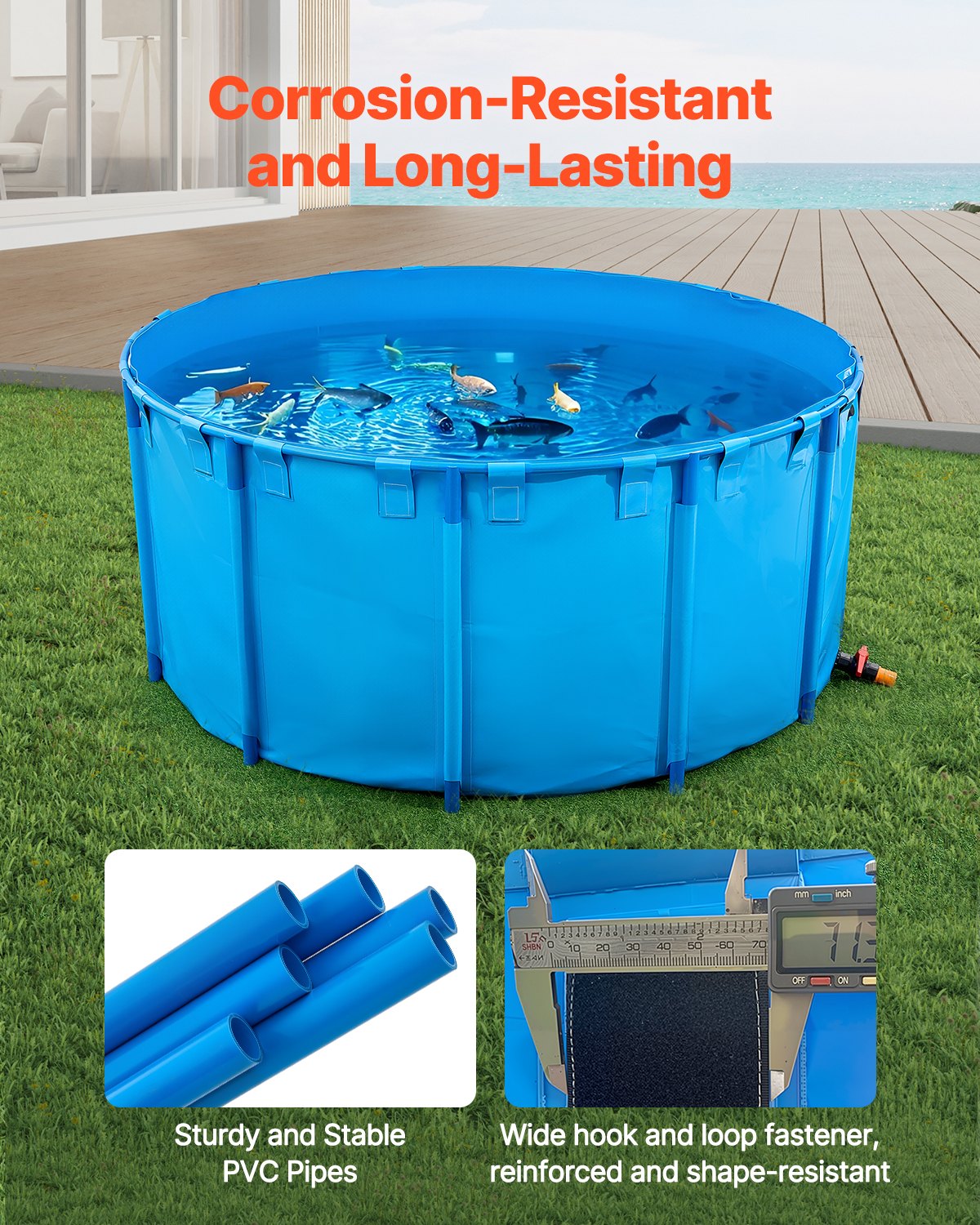 VEVOR Estanque de Lona Sobre Suelo 4550 L Tanque de PVC Sobre el Suelo 240 x 240 x 100 cm para Peces Dorados con Estructura Estable de Plástico y Válvula de Drenaje para Acuicultura, Riego, Azul