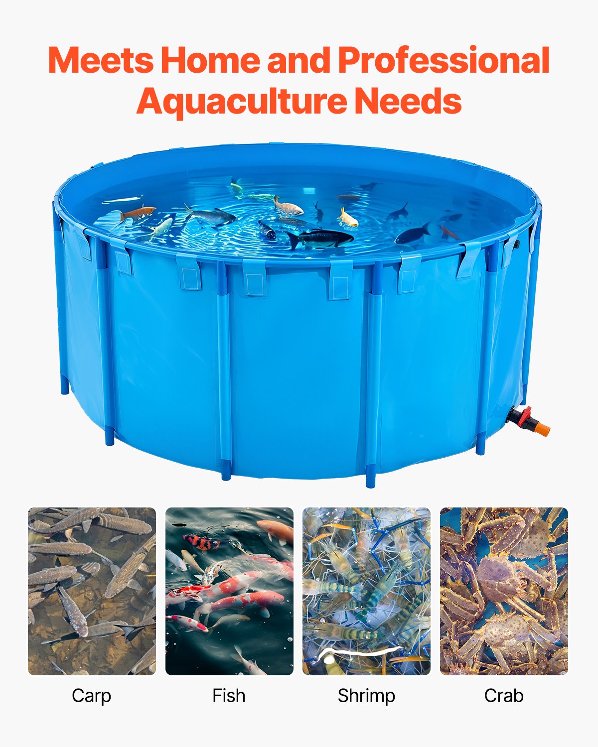 VEVOR Estanque de Lona Sobre Suelo 4550 L Tanque de PVC Sobre el Suelo 240 x 240 x 100 cm para Peces Dorados con Estructura Estable de Plástico y Válvula de Drenaje para Acuicultura, Riego, Azul