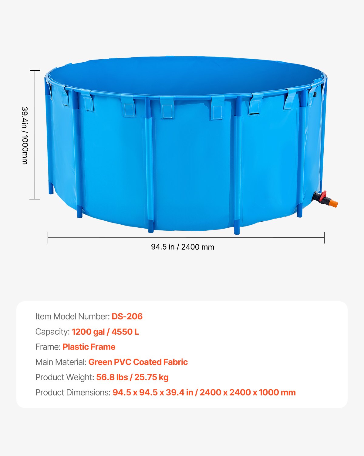 VEVOR Estanque de Lona Sobre Suelo 4550 L Tanque de PVC Sobre el Suelo 240 x 240 x 100 cm para Peces Dorados con Estructura Estable de Plástico y Válvula de Drenaje para Acuicultura, Riego, Azul