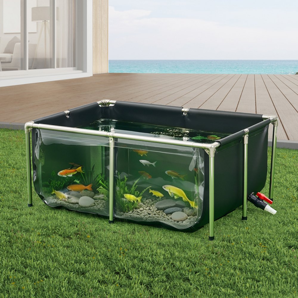 VEVOR Canvas Fish Pond, 480 L Fish Tank, PVC Koi Tank with Transparent Viewing Window, Goldfish Tank with Stainless Steel Frame & Drain Valve, for Breeding Koi and Goldfish (Black)