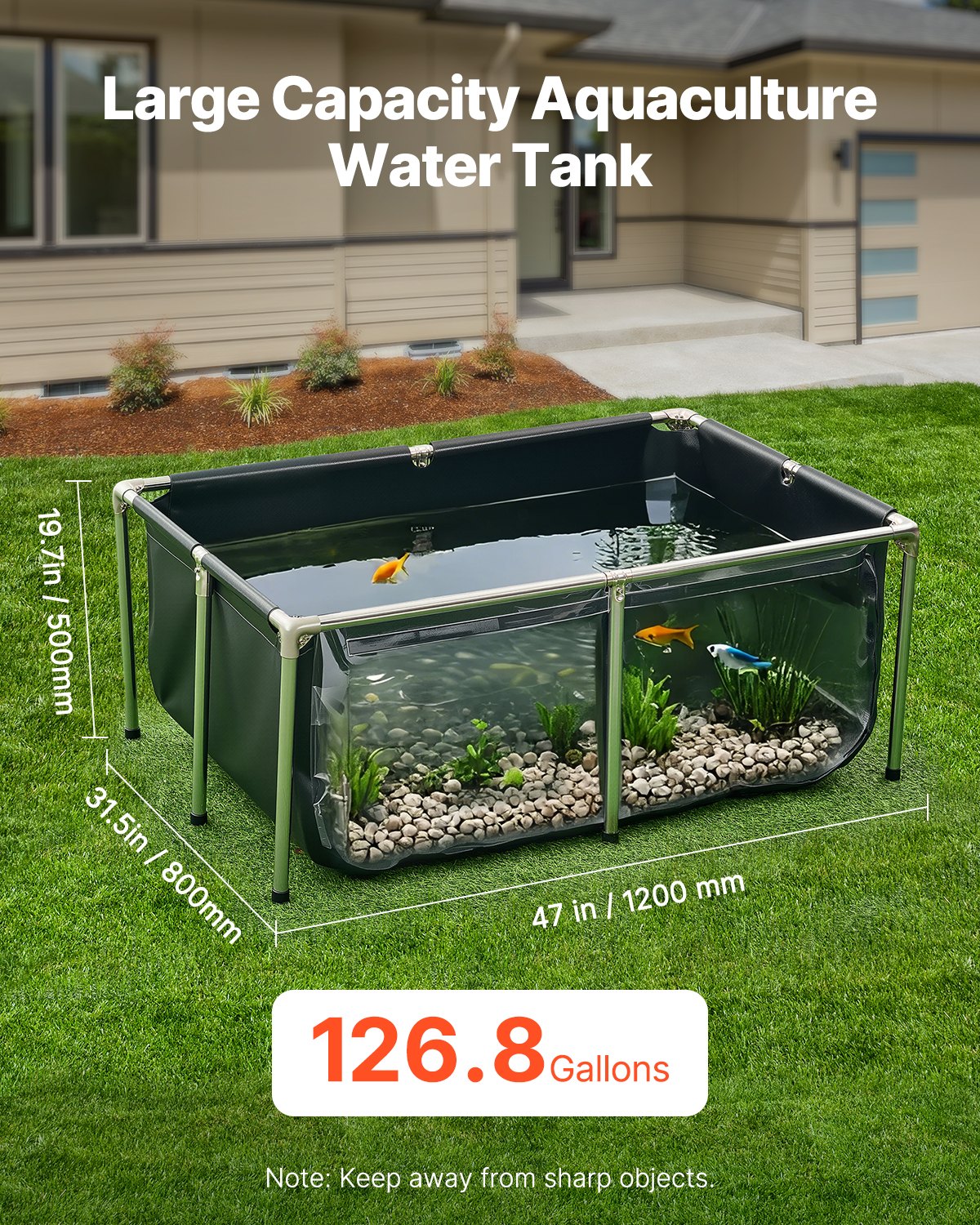 VEVOR Canvas Fish Pond, 480 L Fish Tank, PVC Koi Tank with Transparent Viewing Window, Goldfish Tank with Stainless Steel Frame & Drain Valve, for Breeding Koi and Goldfish (Black)