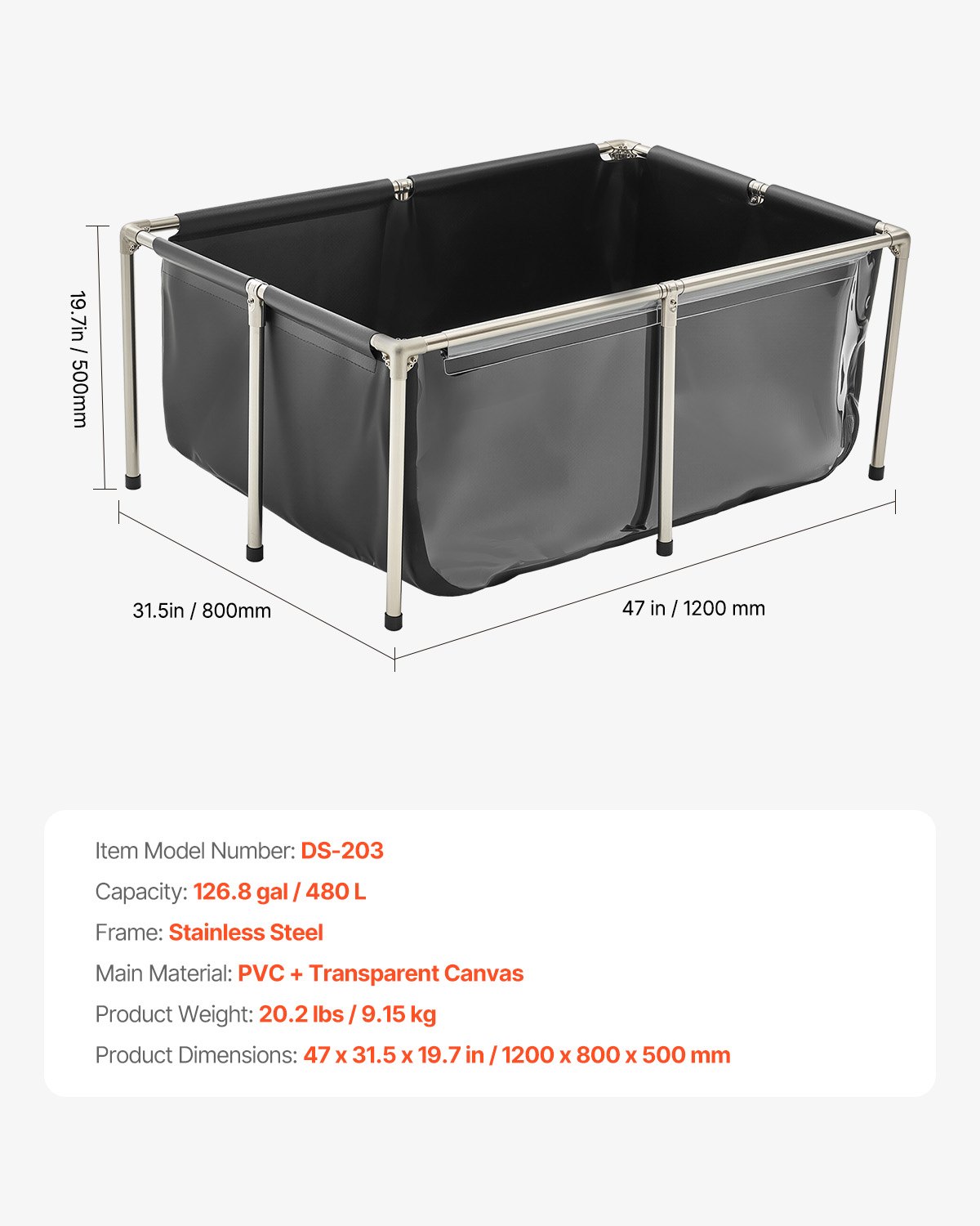 VEVOR Canvas Fish Pond, 480 L Fish Tank, PVC Koi Tank with Transparent Viewing Window, Goldfish Tank with Stainless Steel Frame & Drain Valve, for Breeding Koi and Goldfish (Black)