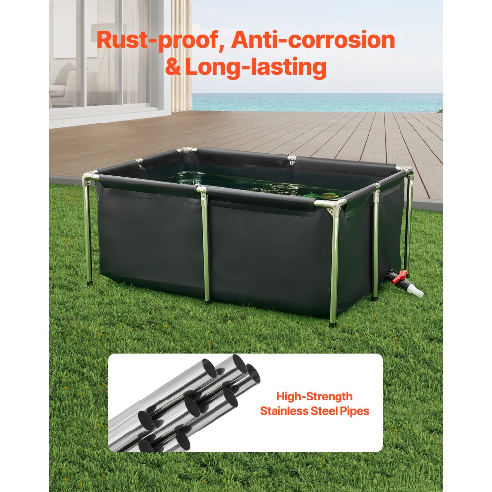 VEVOR Estanque de Lona Sobre Suelo 480 L de PVC Tanque Rectangular 120x80x50 cm para Peces Dorados con Estructura Estable de Acero Inoxidable y Válvula de Drenaje para Acuicultura, Riego, Negro