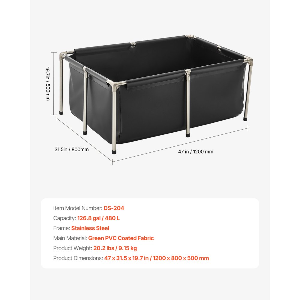 VEVOR Estanque de Lona Sobre Suelo 480 L de PVC Tanque Rectangular 120x80x50 cm para Peces Dorados con Estructura Estable de Acero Inoxidable y Válvula de Drenaje para Acuicultura, Riego, Negro