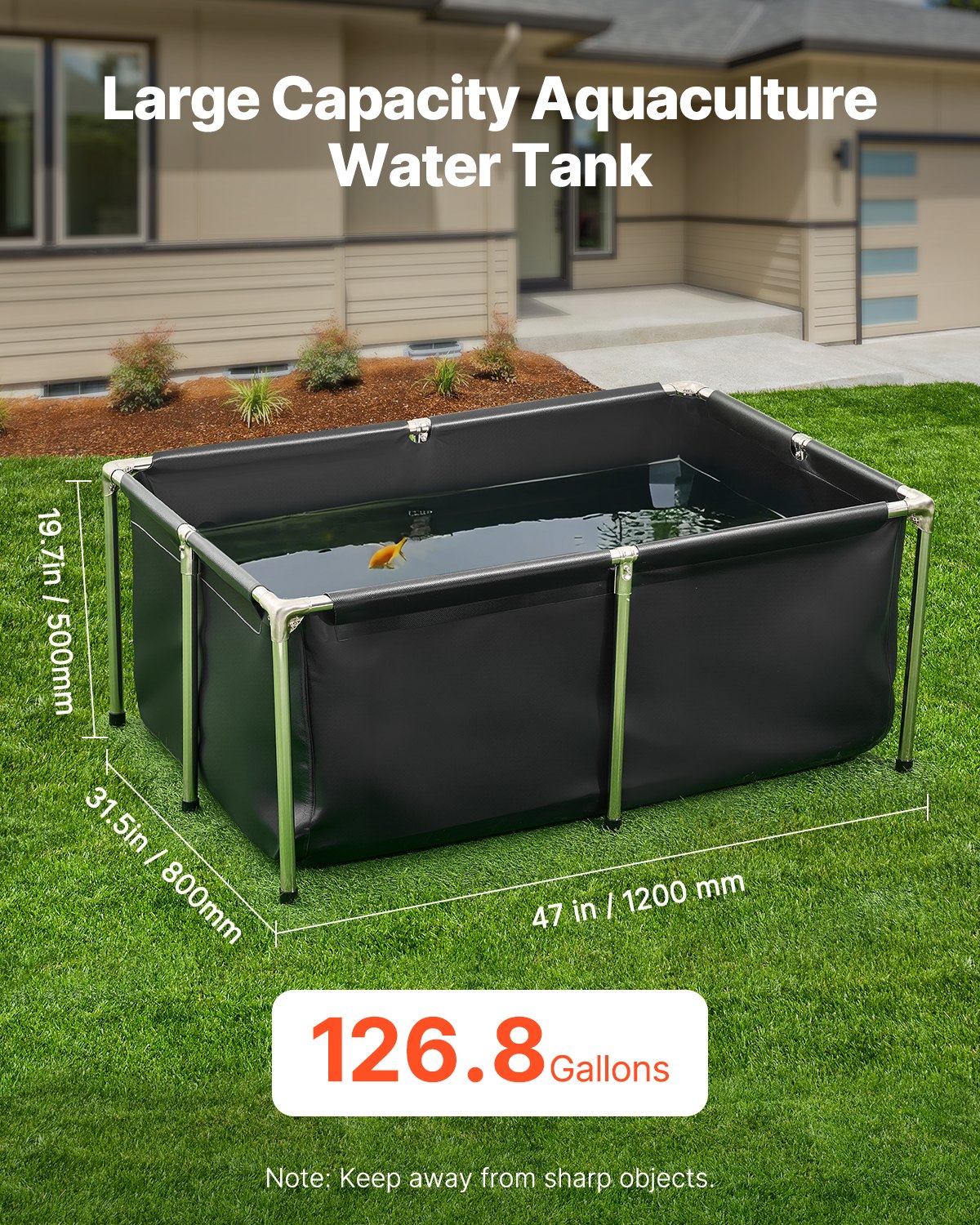 VEVOR Estanque de Lona Sobre Suelo 480 L de PVC Tanque Rectangular 120x80x50 cm para Peces Dorados con Estructura Estable de Acero Inoxidable y Válvula de Drenaje para Acuicultura, Riego, Negro