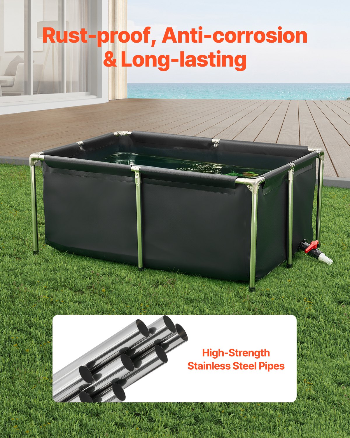 VEVOR Estanque de Lona Sobre Suelo 480 L de PVC Tanque Rectangular 120x80x50 cm para Peces Dorados con Estructura Estable de Acero Inoxidable y Válvula de Drenaje para Acuicultura, Riego, Negro