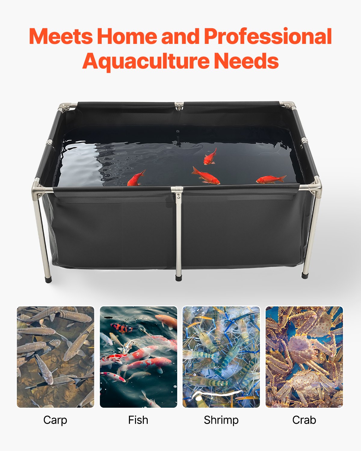 VEVOR Estanque de Lona Sobre Suelo 480 L de PVC Tanque Rectangular 120x80x50 cm para Peces Dorados con Estructura Estable de Acero Inoxidable y Válvula de Drenaje para Acuicultura, Riego, Negro