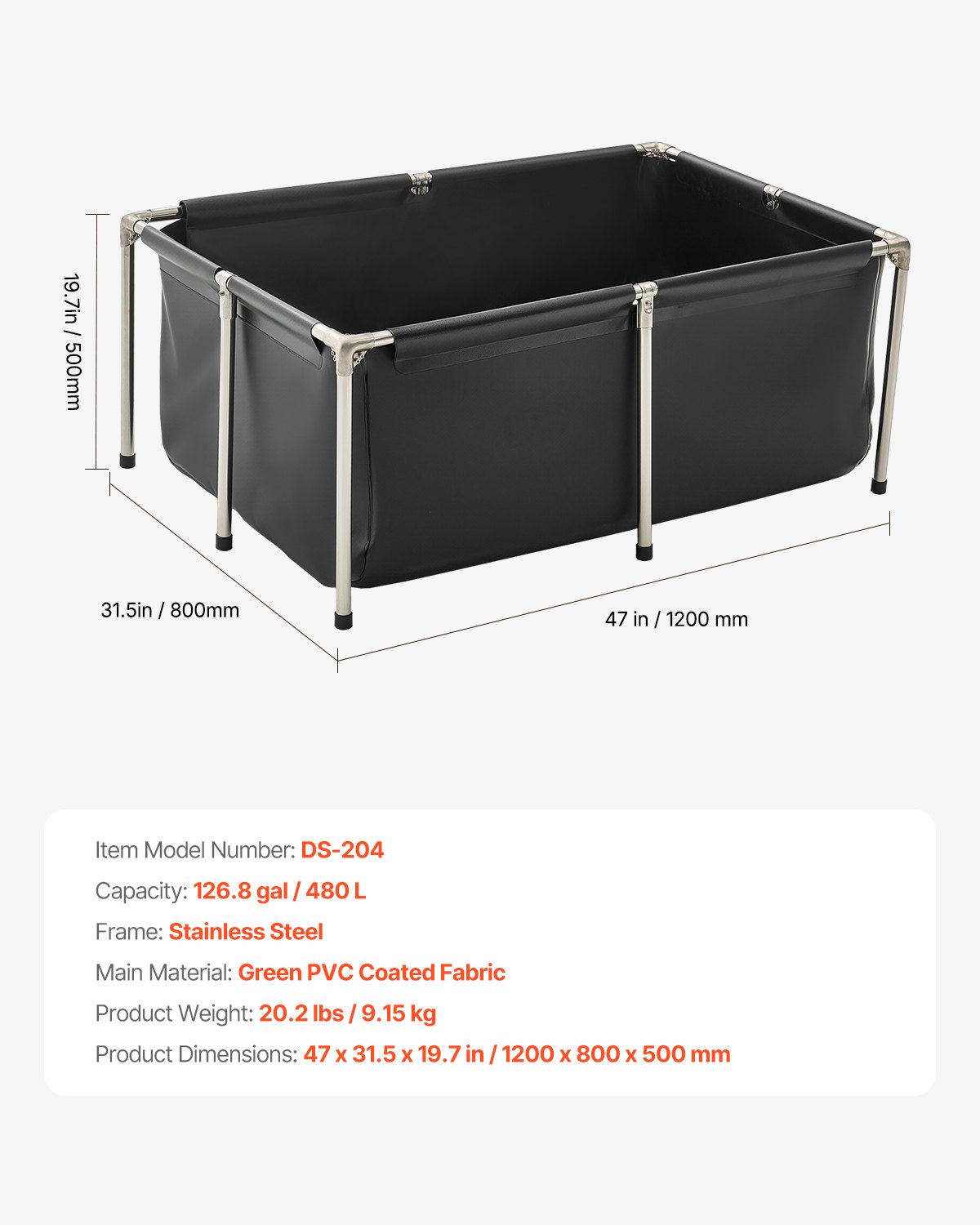 VEVOR Estanque de Lona Sobre Suelo 480 L de PVC Tanque Rectangular 120x80x50 cm para Peces Dorados con Estructura Estable de Acero Inoxidable y Válvula de Drenaje para Acuicultura, Riego, Negro