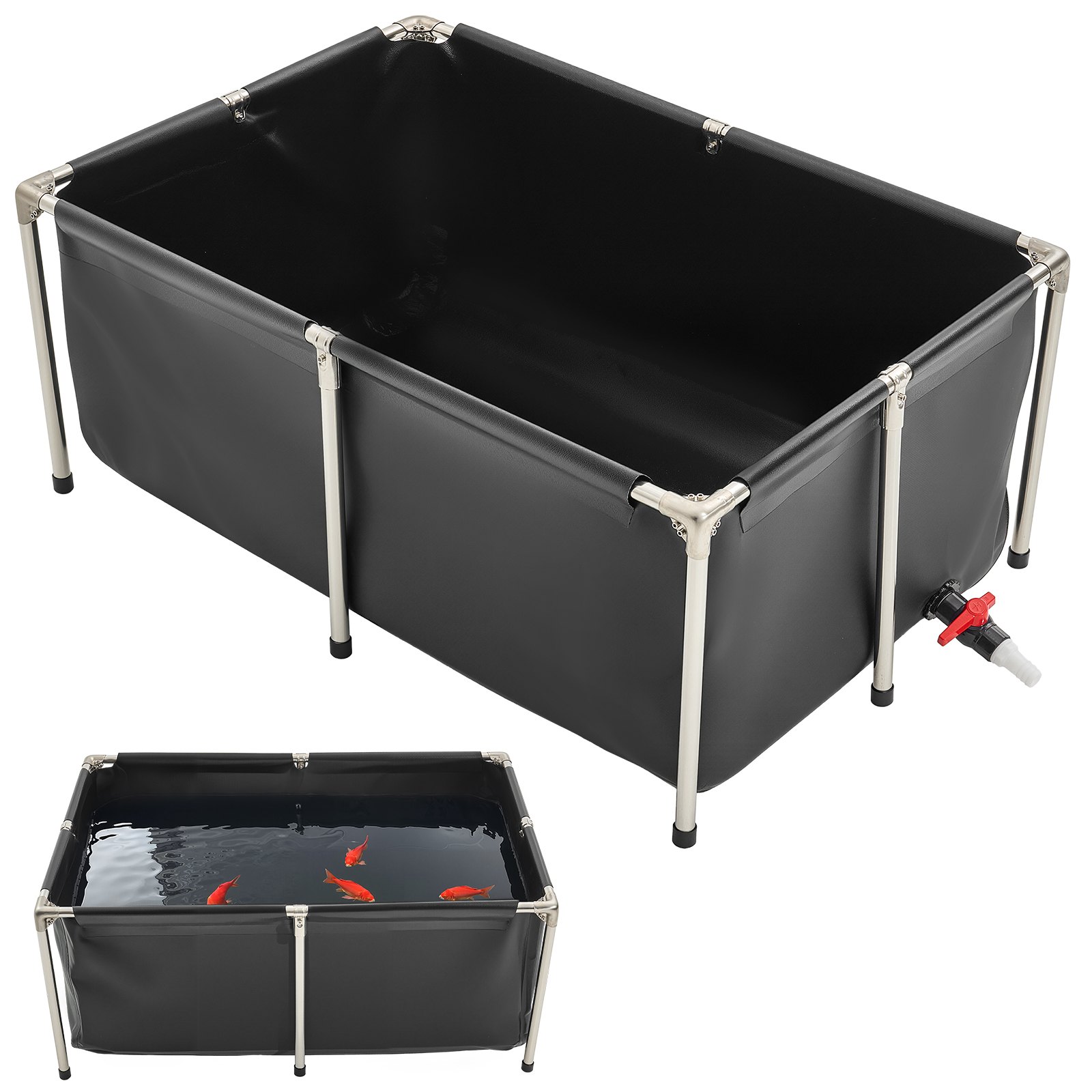 VEVOR Estanque de Lona Sobre Suelo 480 L de PVC Tanque Rectangular 120x80x50 cm para Peces Dorados con Estructura Estable de Acero Inoxidable y Válvula de Drenaje para Acuicultura, Riego, Negro