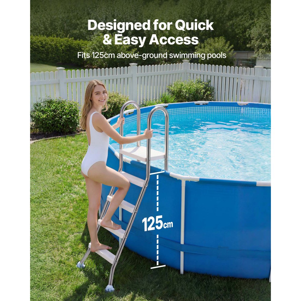 VEVOR Escalera para Piscina Desmontable de 4 Peldaños Hasta 150 kg, Escalera de Seguridad Antideslizante de Acero Inoxidable con Pasamanos Ergonómicos, Patas de Goma para Piscina Elevada de 125 cm