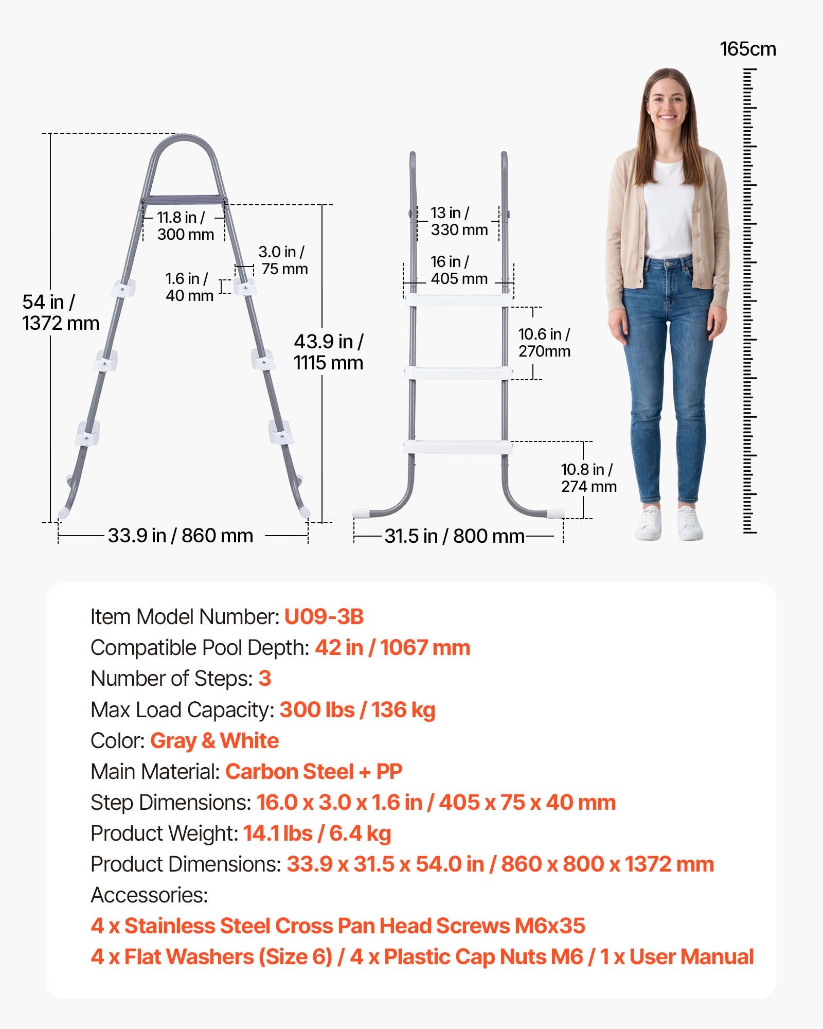 VEVOR Escalera para Piscina Desmontable de 3 Peldaños Hasta 136 kg, Escalera de Seguridad de Acero al Carbono Antideslizante con Patas de Goma, Pasamanos Ergonómicos para Piscina Elevada de 106,7 cm