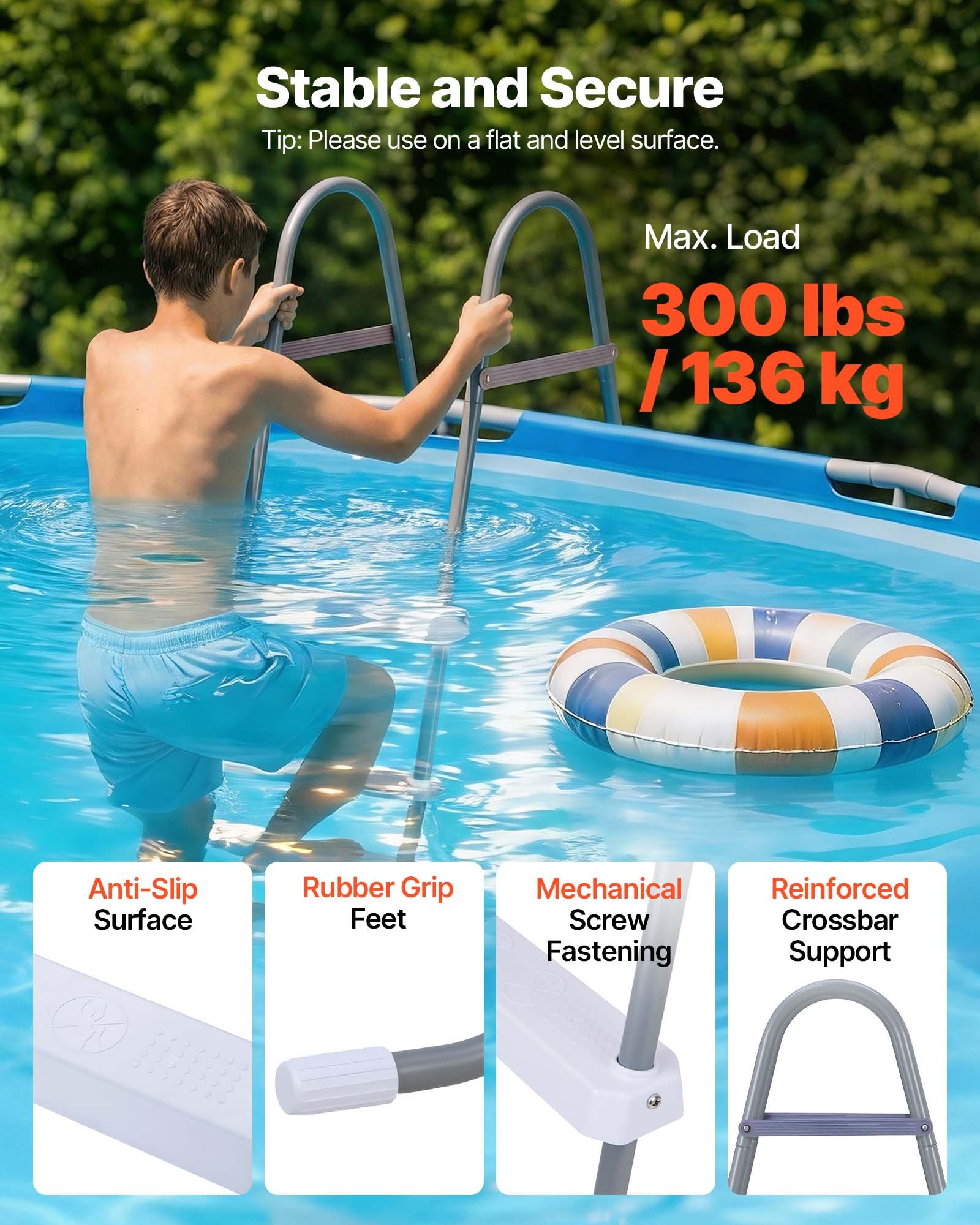VEVOR Escalera para Piscina Desmontable de 4 Peldaños Capacidad 136kg, Escalera de Seguridad de Acero al Carbono Antideslizante con Patas de Goma, Pasamanos Ergonómicos para Piscina Elevada de 121,9cm
