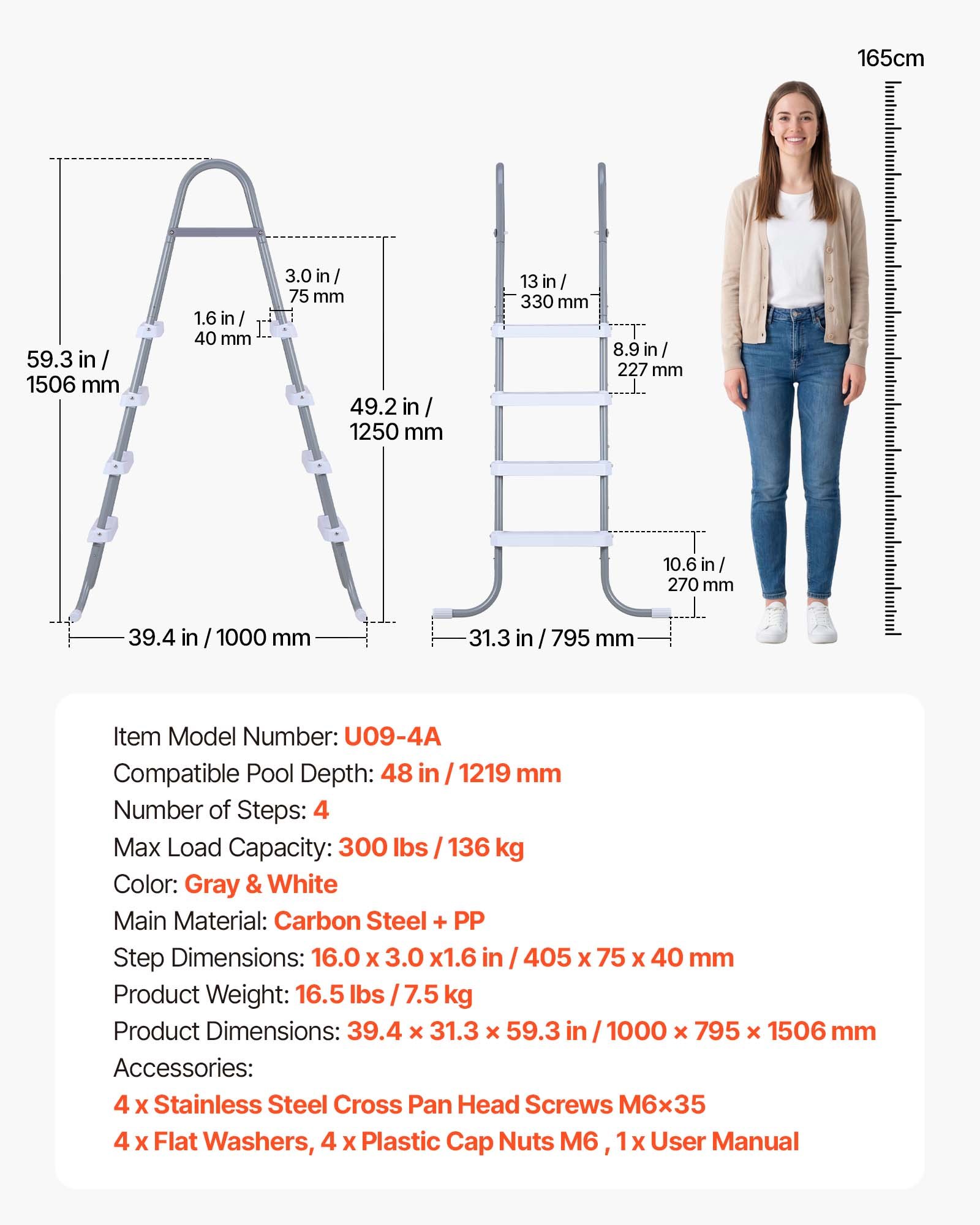 VEVOR Escalera para Piscina Desmontable de 4 Peldaños Capacidad 136kg, Escalera de Seguridad de Acero al Carbono Antideslizante con Patas de Goma, Pasamanos Ergonómicos para Piscina Elevada de 121,9cm