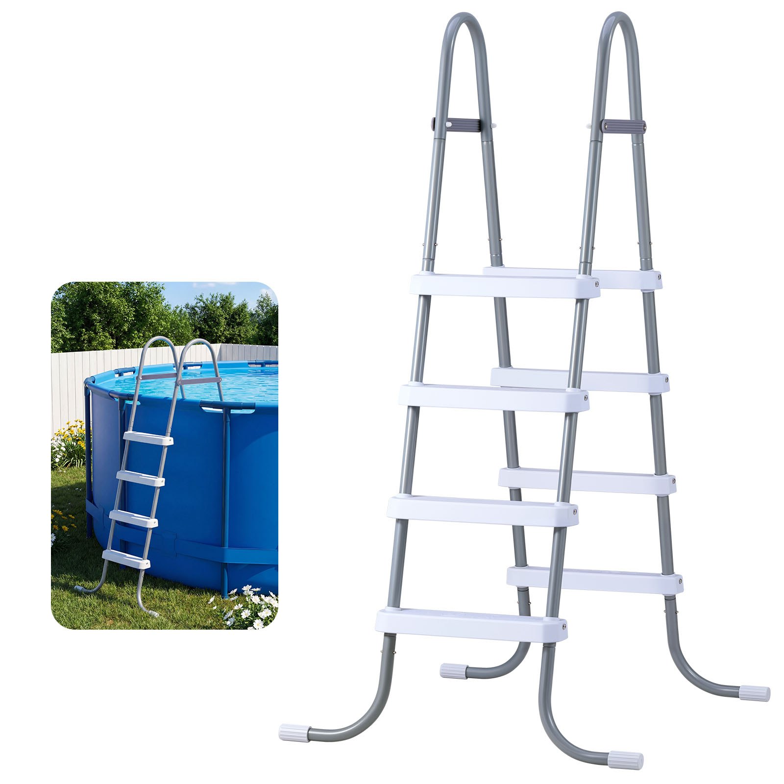 VEVOR Escalera para Piscina Desmontable de 4 Peldaños Capacidad 136kg, Escalera de Seguridad de Acero al Carbono Antideslizante con Patas de Goma, Pasamanos Ergonómicos para Piscina Elevada de 121,9cm