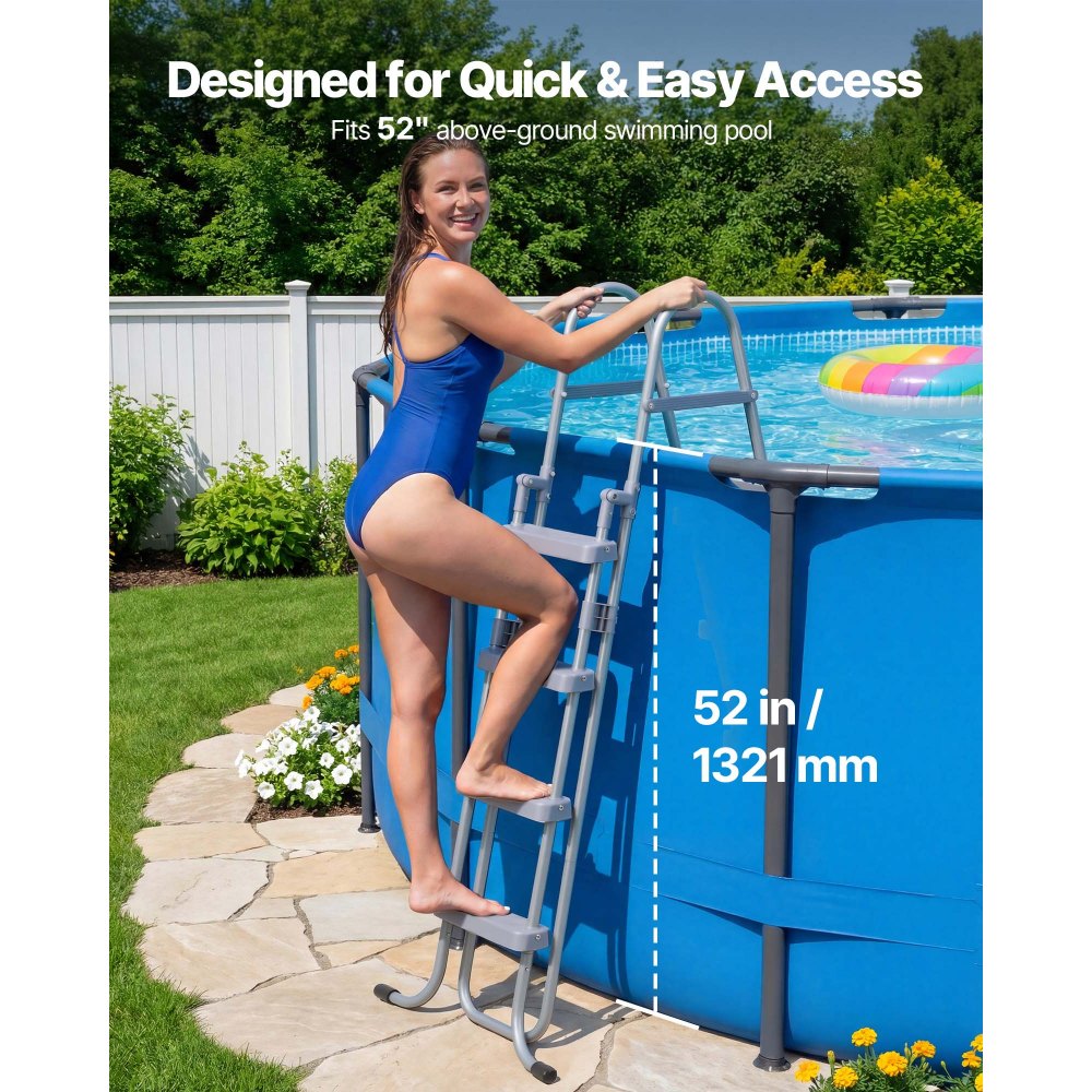 VEVOR Escalera para Piscina Desmontable de 4 Peldaños Capacidad 136kg, Escalera de Seguridad Antideslizante de Acero al Carbono con Pasamanos Ergonómicos, Patas de Goma para Piscina Elevada de 132,1cm
