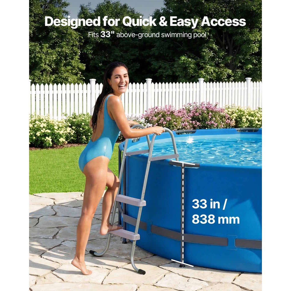 VEVOR Escalera para Piscina Desmontable de 2 Peldaños Capacidad 136 kg, Escalera de Seguridad de Acero al Carbono Antideslizante con Pasamanos Ergonómicos, Patas de Goma para Piscina Elevada de 83,8cm