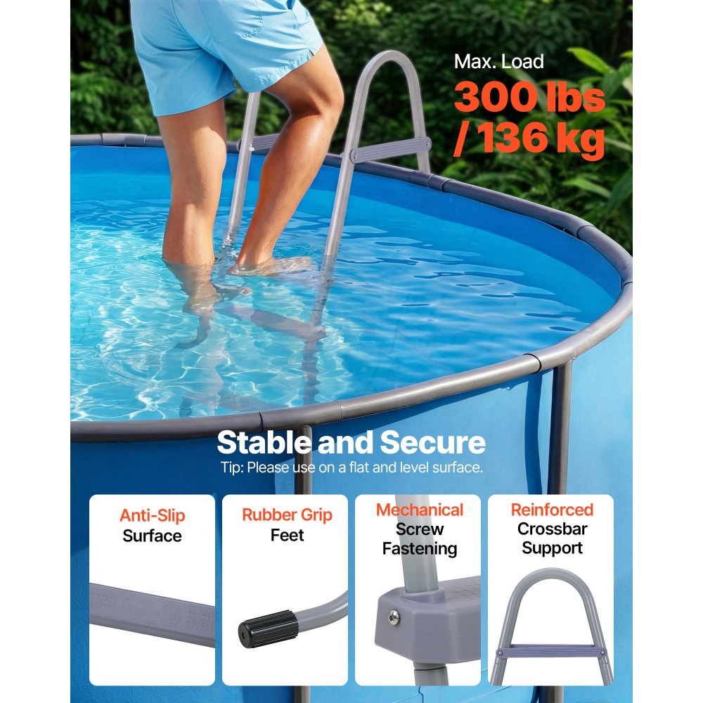 VEVOR Escalera para Piscina Desmontable de 2 Peldaños Capacidad 136 kg, Escalera de Seguridad de Acero al Carbono Antideslizante con Pasamanos Ergonómicos, Patas de Goma para Piscina Elevada de 83,8cm