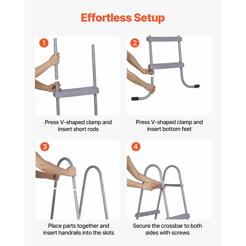VEVOR Escalera para Piscina Desmontable de 2 Peldaños Capacidad 136 kg, Escalera de Seguridad de Acero al Carbono Antideslizante con Pasamanos Ergonómicos, Patas de Goma para Piscina Elevada de 83,8cm