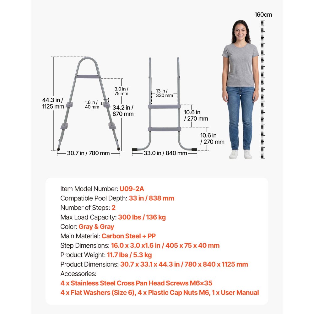 VEVOR Escalera para Piscina Desmontable de 2 Peldaños Capacidad 136 kg, Escalera de Seguridad de Acero al Carbono Antideslizante con Pasamanos Ergonómicos, Patas de Goma para Piscina Elevada de 83,8cm