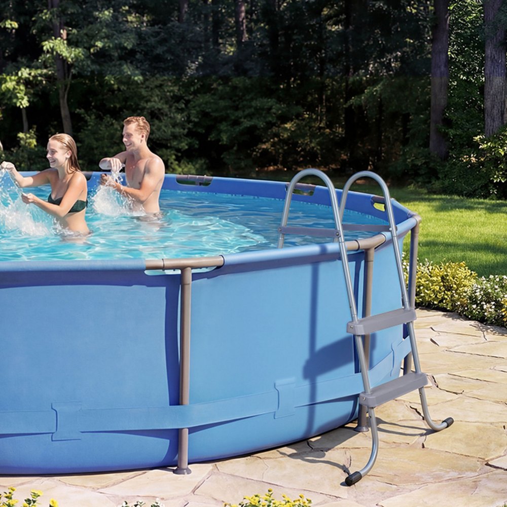 VEVOR Escalera para Piscina Desmontable de 2 Peldaños Capacidad 136 kg, Escalera de Seguridad de Acero al Carbono Antideslizante con Pasamanos Ergonómicos, Patas de Goma para Piscina Elevada de 83,8cm