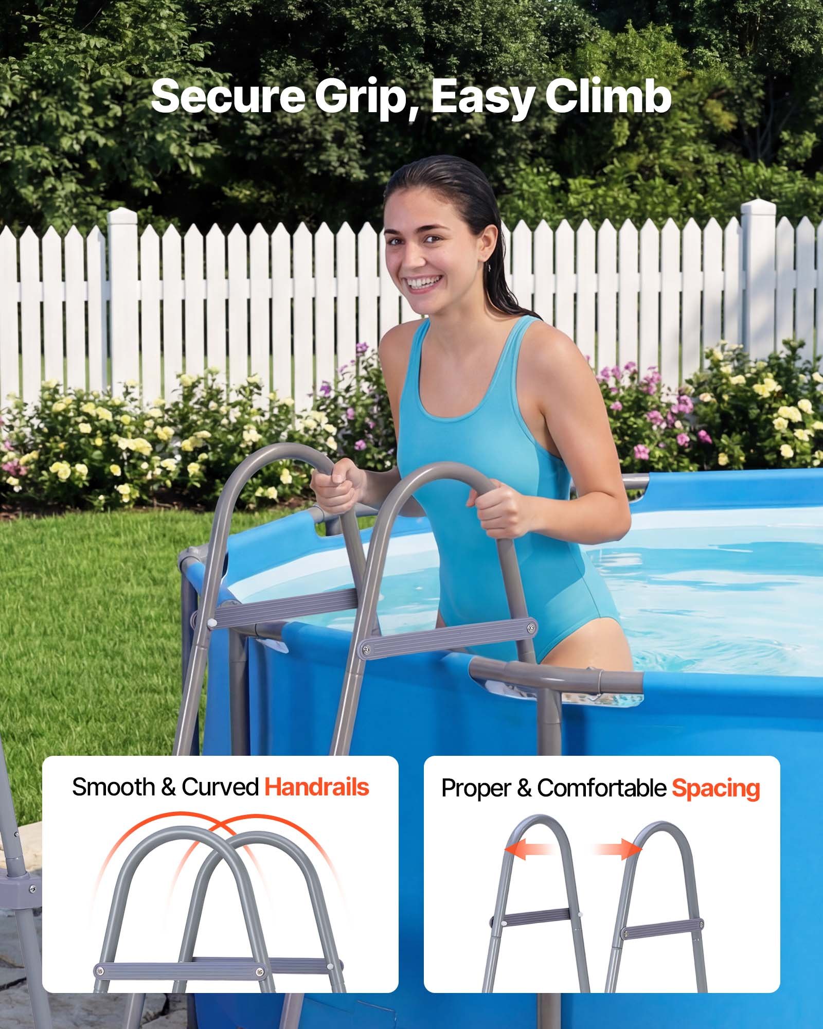 VEVOR Escalera para Piscina Desmontable de 2 Peldaños Capacidad 136 kg, Escalera de Seguridad de Acero al Carbono Antideslizante con Pasamanos Ergonómicos, Patas de Goma para Piscina Elevada de 83,8cm