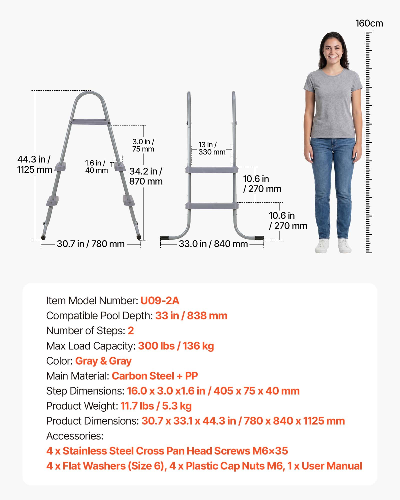 VEVOR Escalera para Piscina Desmontable de 2 Peldaños Capacidad 136 kg, Escalera de Seguridad de Acero al Carbono Antideslizante con Pasamanos Ergonómicos, Patas de Goma para Piscina Elevada de 83,8cm