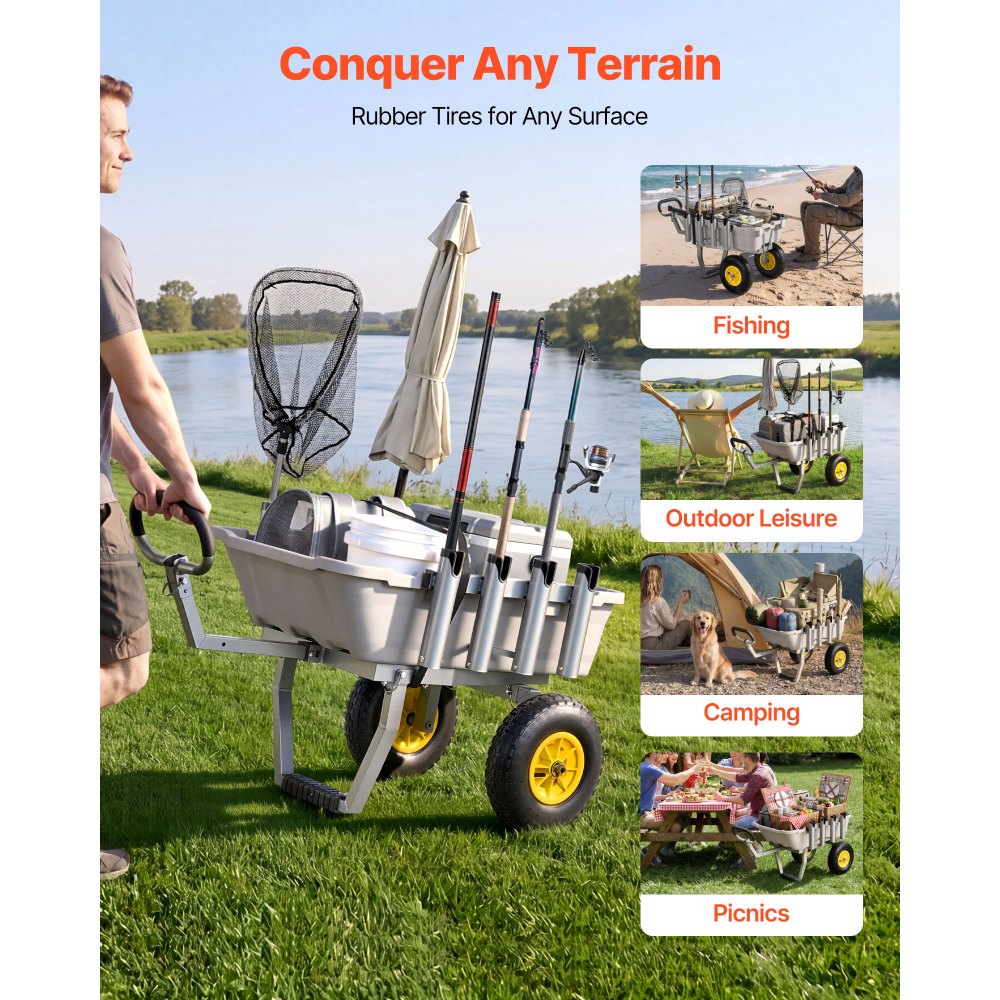 VEVOR Carro de Pesca para Playa con Ruedas Todoterreno de 330 mm y Portacañas, Carrito para Playa de Aluminio con Capacidad de 90 kg, 8 Soportes para Cañas para Pesca, Transporte, Camping y Exteriores