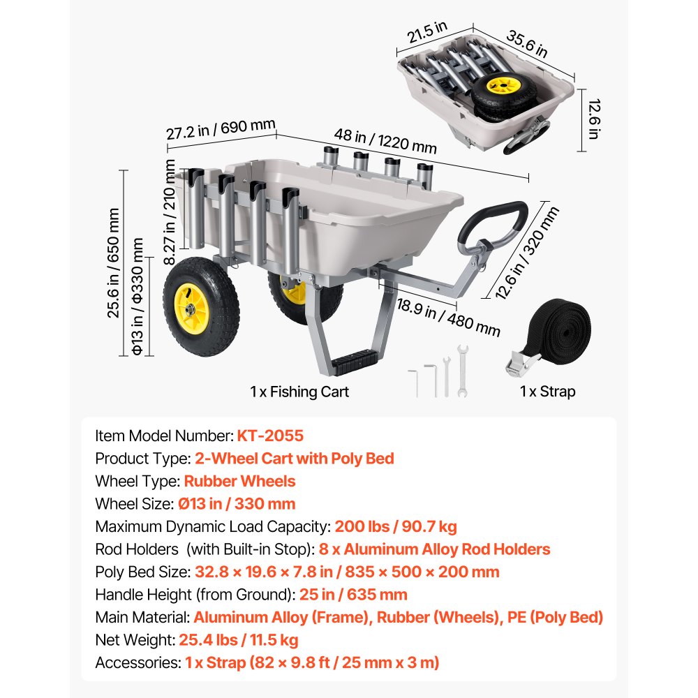 VEVOR Carro de Pesca para Playa con Ruedas Todoterreno de 330 mm y Portacañas, Carrito para Playa de Aluminio con Capacidad de 90 kg, 8 Soportes para Cañas para Pesca, Transporte, Camping y Exteriores