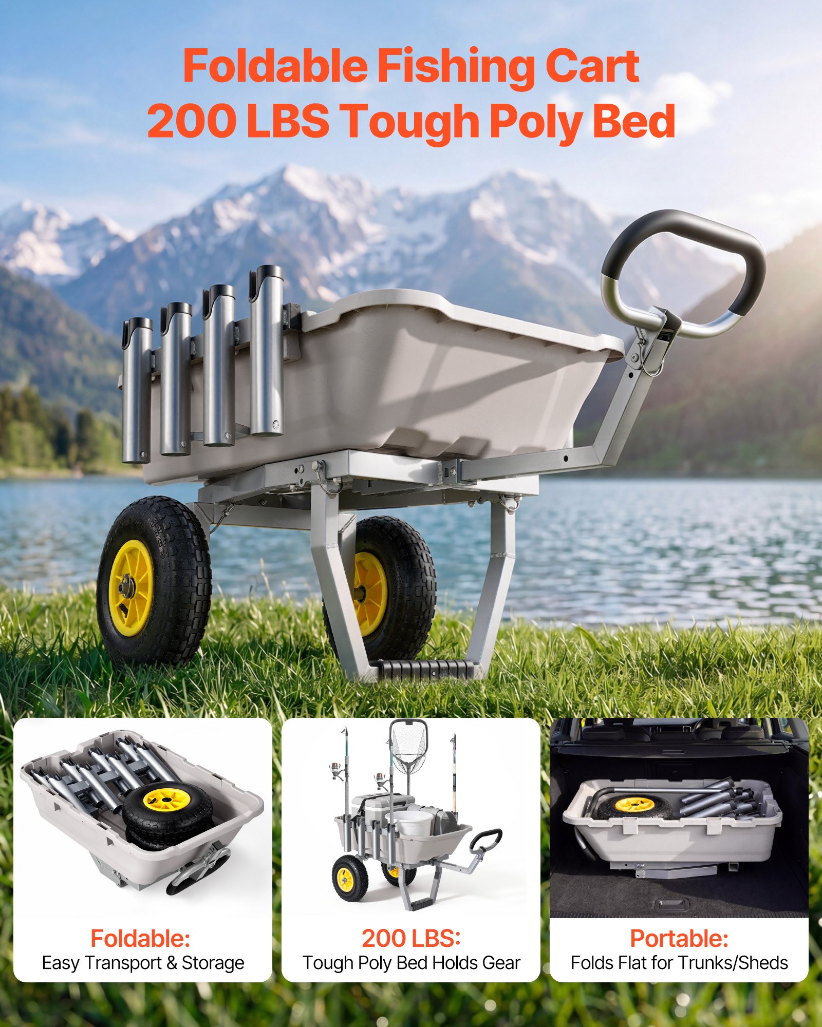 VEVOR Carro de Pesca para Playa con Ruedas Todoterreno de 330 mm y Portacañas, Carrito para Playa de Aluminio con Capacidad de 90 kg, 8 Soportes para Cañas para Pesca, Transporte, Camping y Exteriores