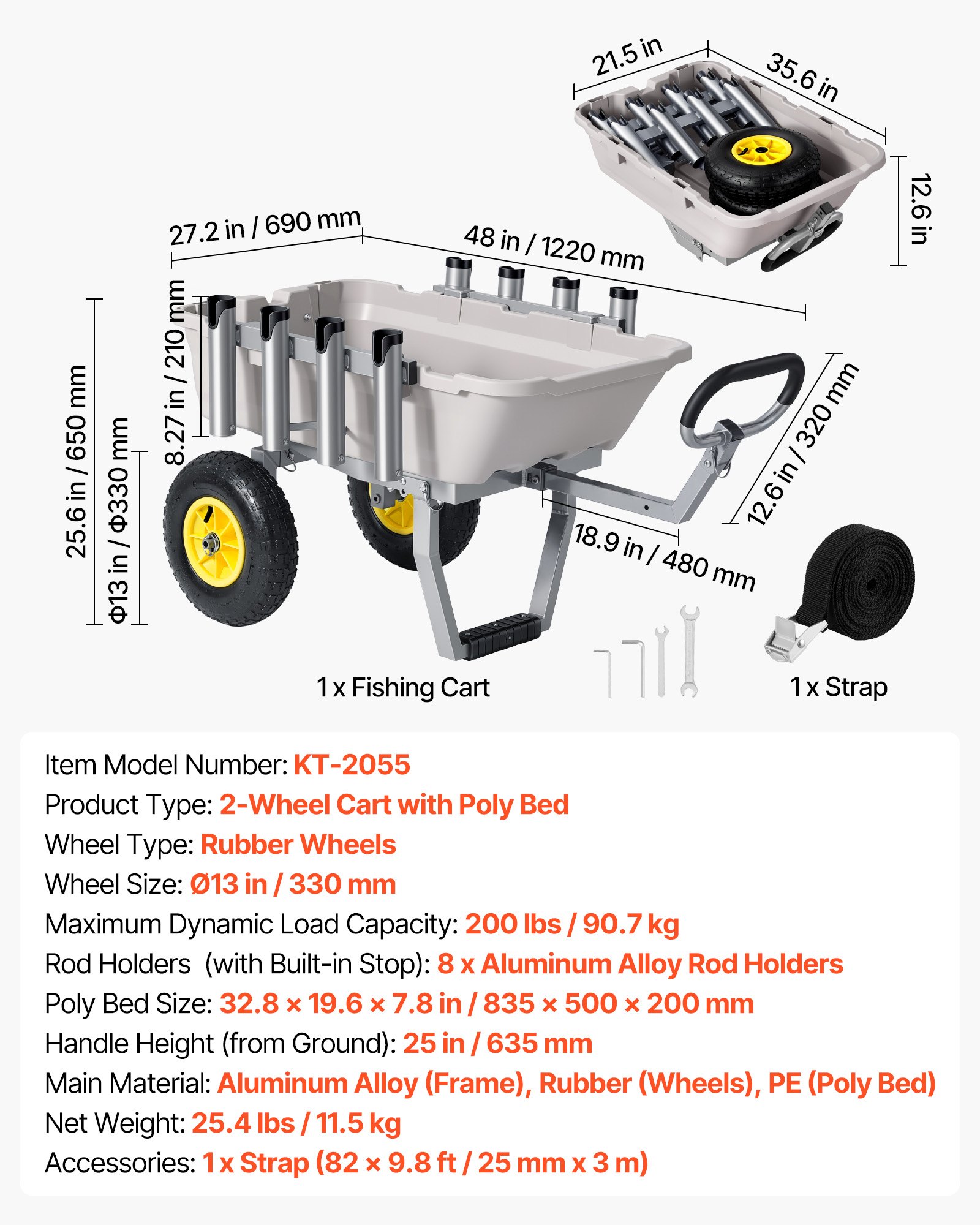 VEVOR Carro de Pesca para Playa con Ruedas Todoterreno de 330 mm y Portacañas, Carrito para Playa de Aluminio con Capacidad de 90 kg, 8 Soportes para Cañas para Pesca, Transporte, Camping y Exteriores
