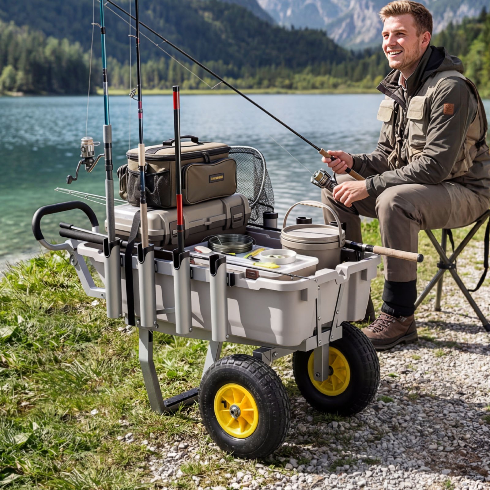 VEVOR Carro de Pesca para Playa con Ruedas Todoterreno de 330 mm y Portacañas, Carrito para Playa de Aluminio con Capacidad de 90 kg, 8 Soportes para Cañas para Pesca, Transporte, Camping y Exteriores