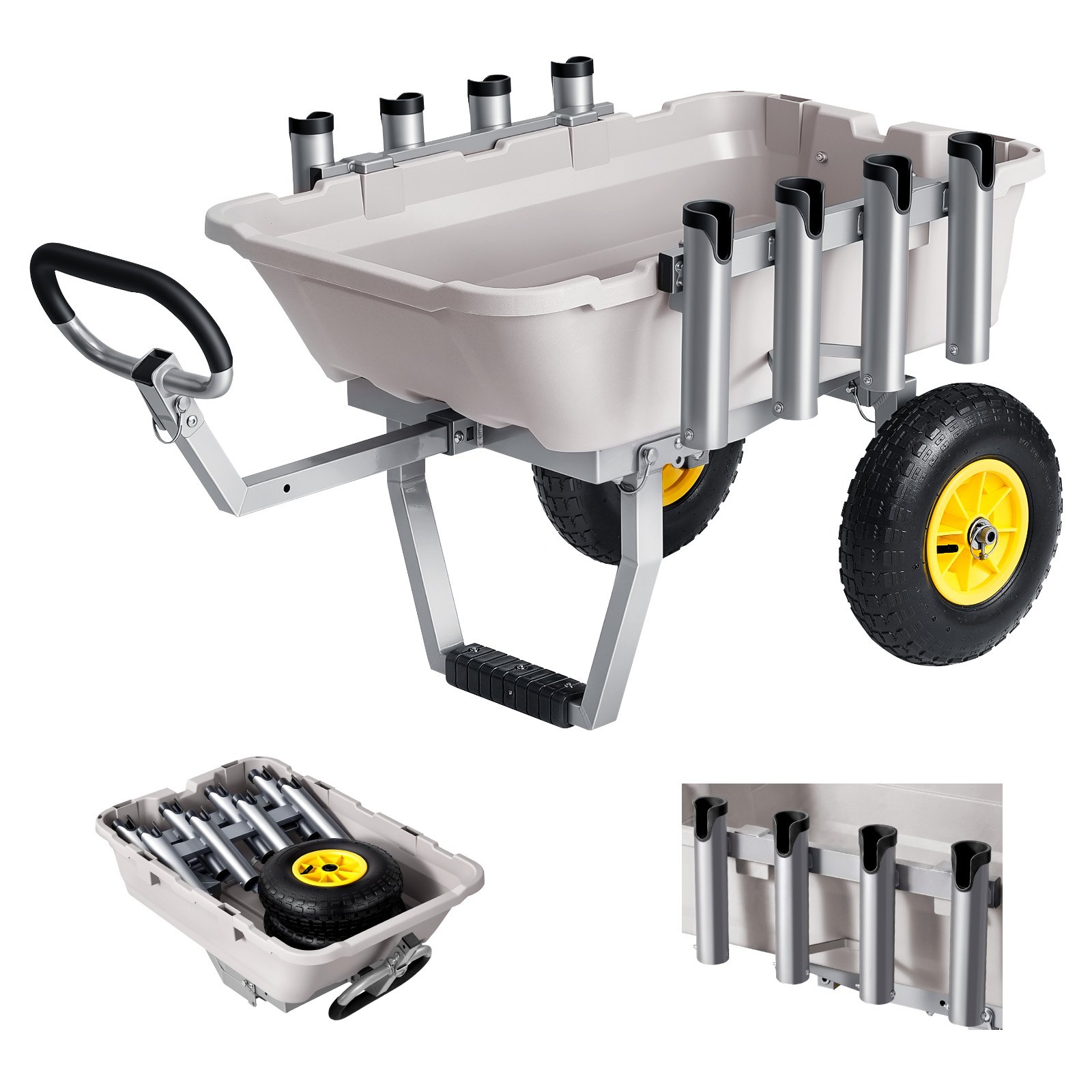 VEVOR Carro de Pesca para Playa con Ruedas Todoterreno de 330 mm y Portacañas, Carrito para Playa de Aluminio con Capacidad de 90 kg, 8 Soportes para Cañas para Pesca, Transporte, Camping y Exteriores