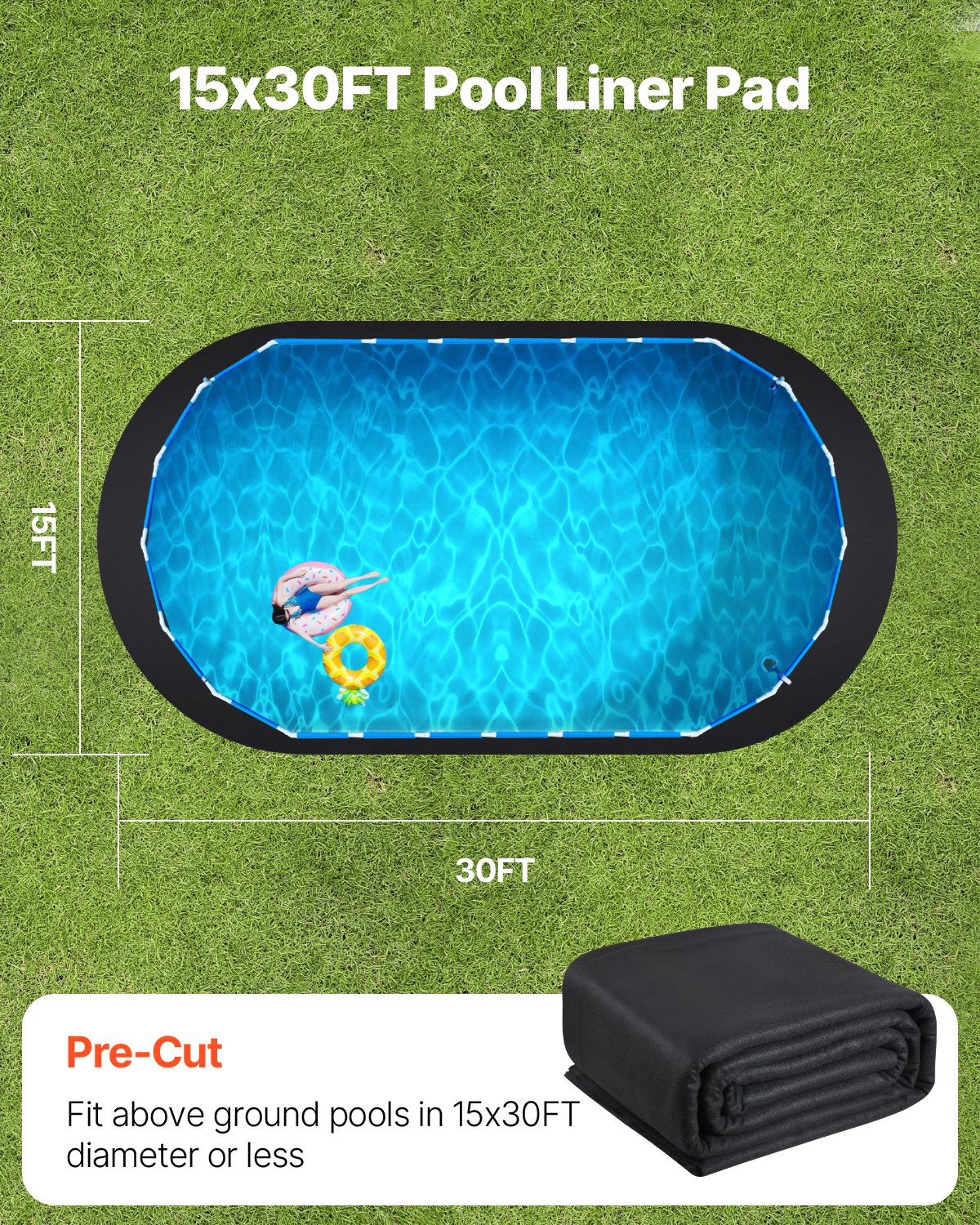 VEVOR Revestimiento para Piscinas Ovalado, 4,6 x 9,1 m Revestimiento Extragrueso para Piscinas Elevadas, Evita Pinchazos, Base de Geotextil Reciclado, Prolonga la Vida Útil del Revestimiento, Negro