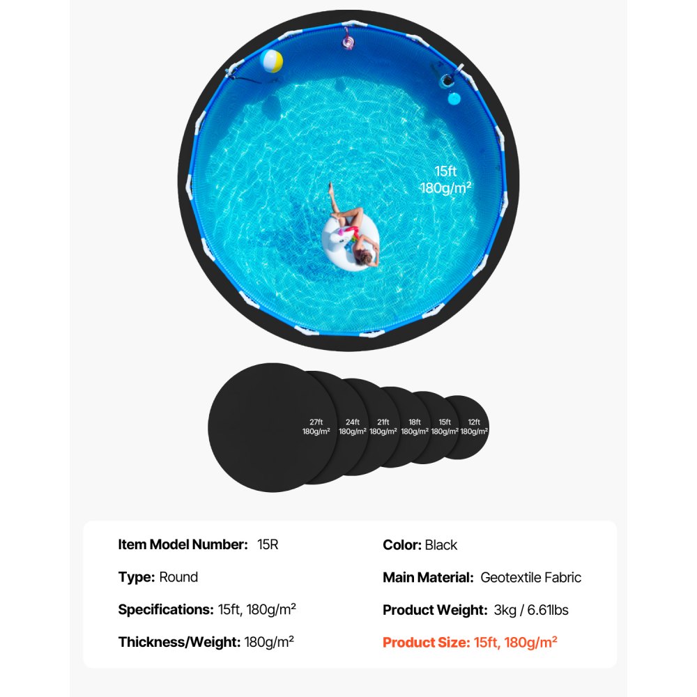 VEVOR Revestimiento Redondo para Piscinas, 4,6 m Revestimiento Extragrueso para Piscinas Elevadas, Evita Pinchazos, Base de Geotextil Reciclado, Prolonga la Vida Útil del Revestimiento, Negro