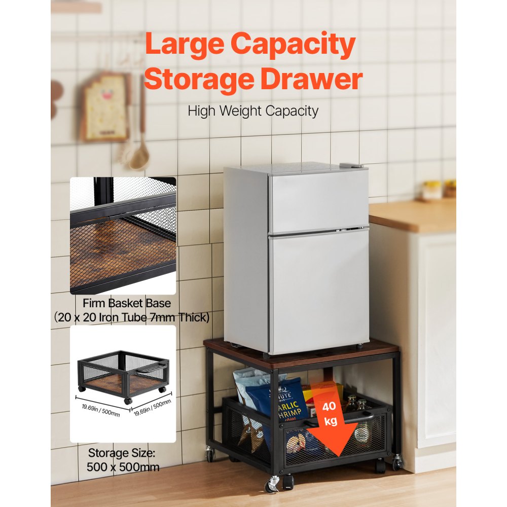 VEVOR Mini Refrigerador con Soporte de Almacenamiento, con Carrito de Almacenamiento Móvil y Ruedas Giratorias, para Cafetería, Robusto, para Dormitorio en Casa, Marrón Oscuro, 500 x 500 x 430 mm